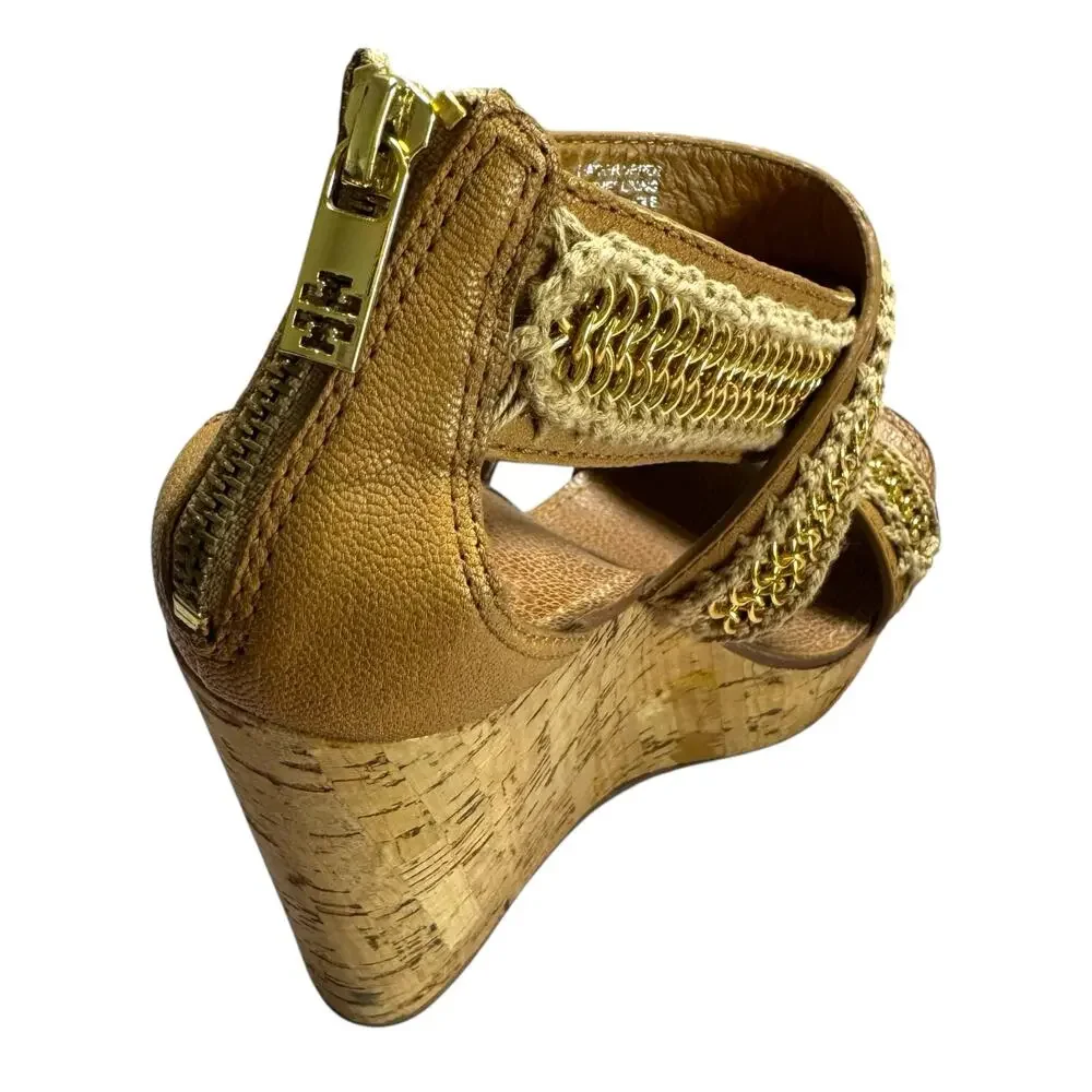 Tory Burch Lucian Tan Leather Gold Chain Strappy Wedge Sandals - Size 7 ½